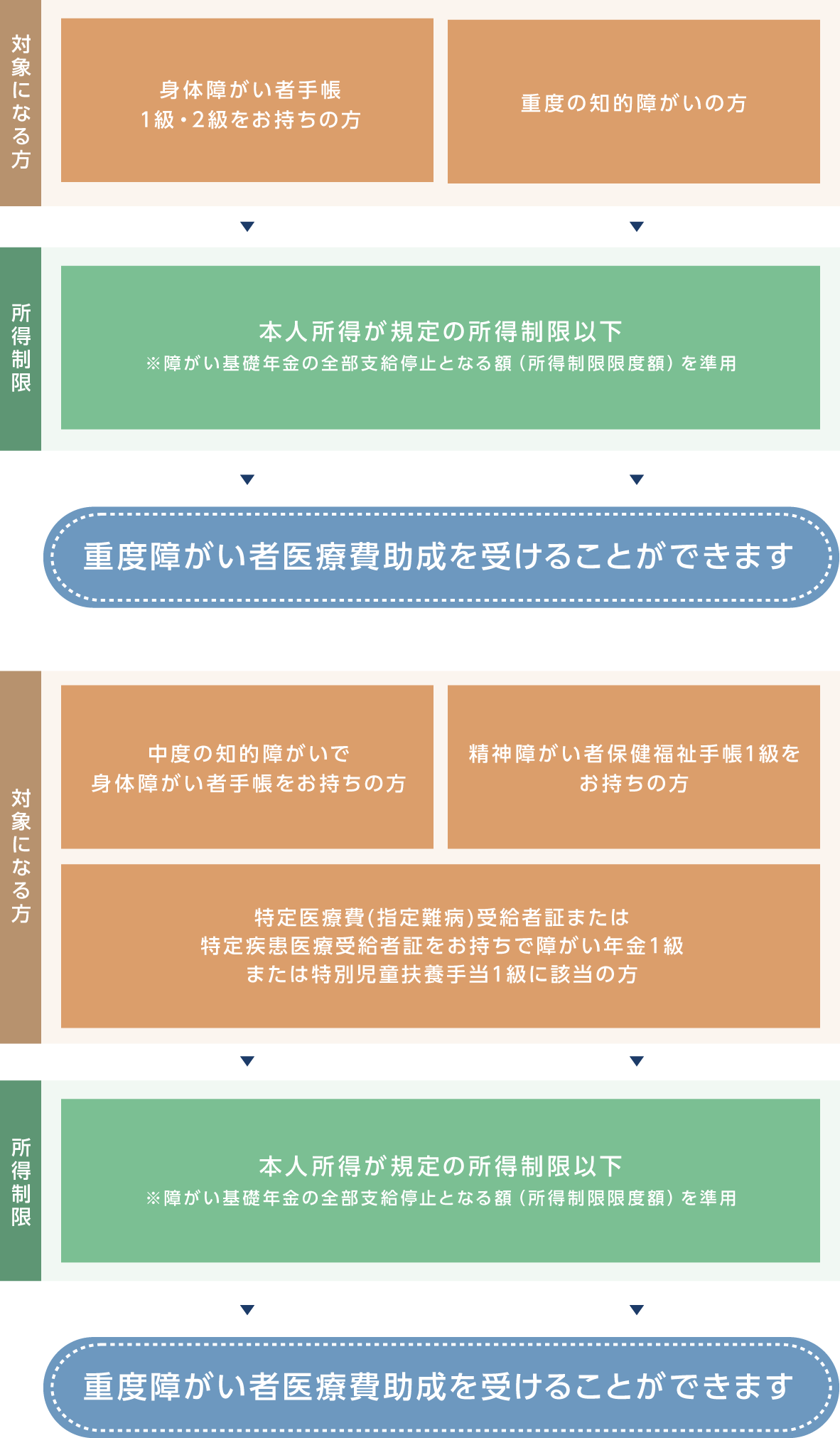 所得制限など制限がありますが、障がい等級が1級・2級の身体障がい者手帳をお持ちの方や重度の知的障がいの方、中度の知的障がいで身体障がい者手帳をお持ちの方は重度障がい者医療費助成を受けることができます。